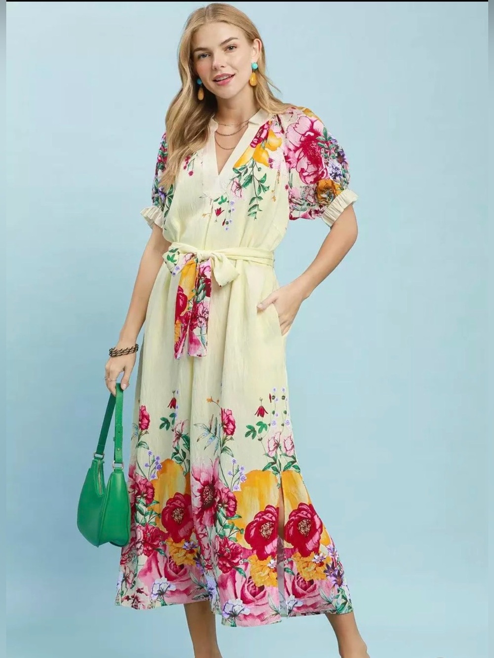 💗Hello Gorgeous! Umgee Mix Floral Border Print Midi Dress- Ecru Mix